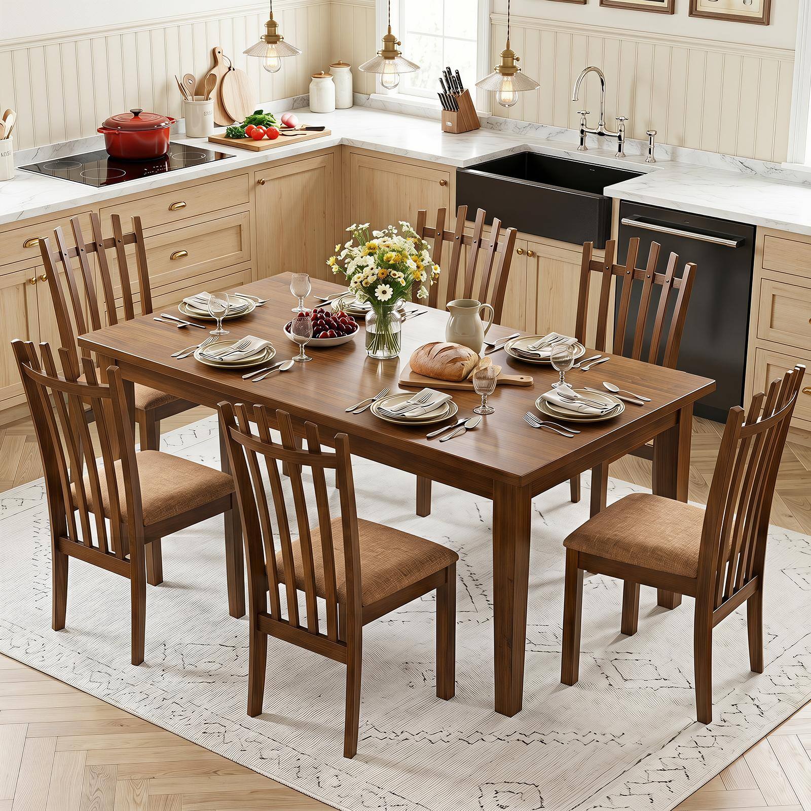 Alt View 5. Costway - Costway 2 PCS Rubber Wood Slat Back Kitchen Dining Chairs Linen Fabric Upholstered Seat - Walnut+Brown.