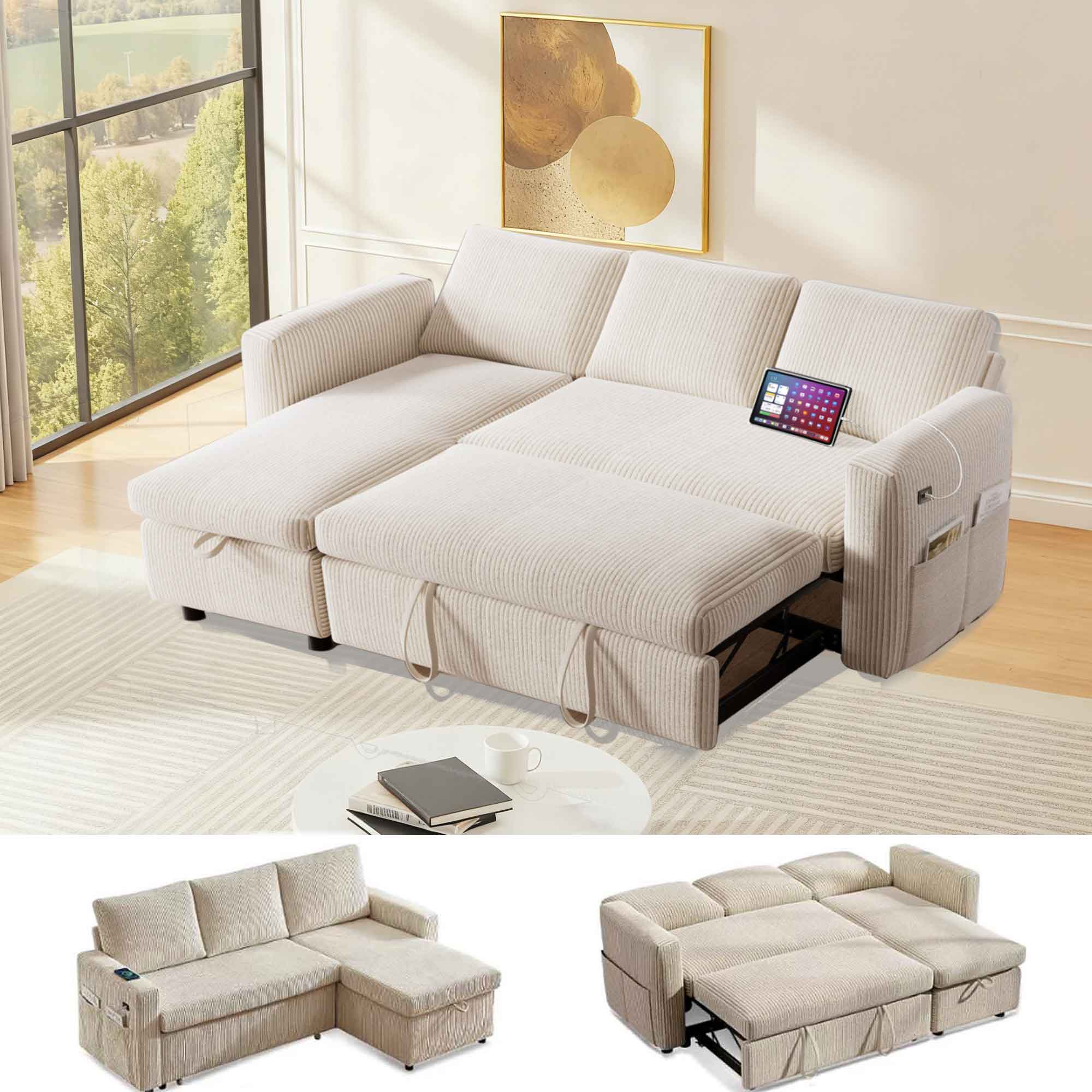 Dyonery - 81" Sleeper Sofa Bed with Pull Out Bed L Shaped Couch Sectional Sleeper Sofa Beige - Beige