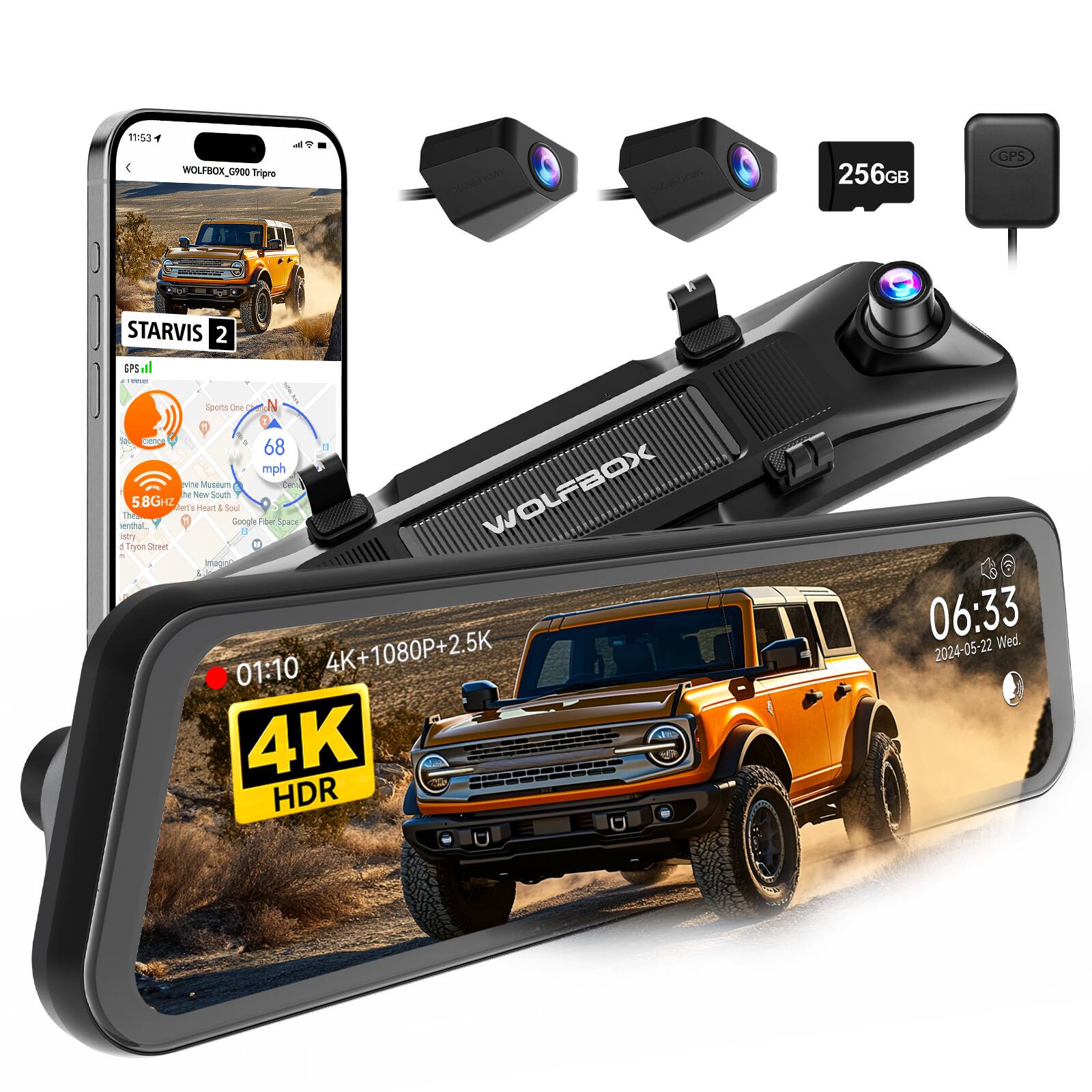 WOLFBOX - 3 Channel Dash Cam, STARVIS 2 Sensor, 4K+1080P+2.5K, 5.8GHz WiFi, Free 256GB Card, GPS, WDR, G-sensor - Black