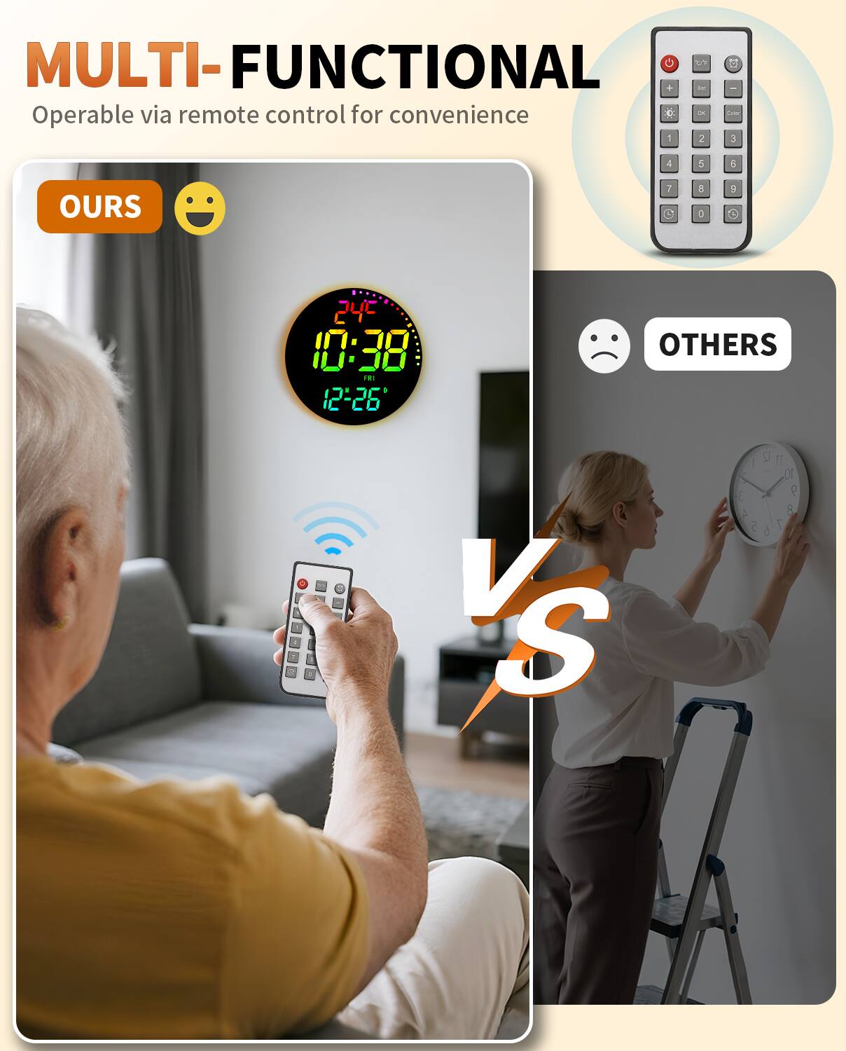 MULTI-FUNCTIONAL  
Operable via remote control for convenience  

OURS  
10:38  
12:26  

OTHERS