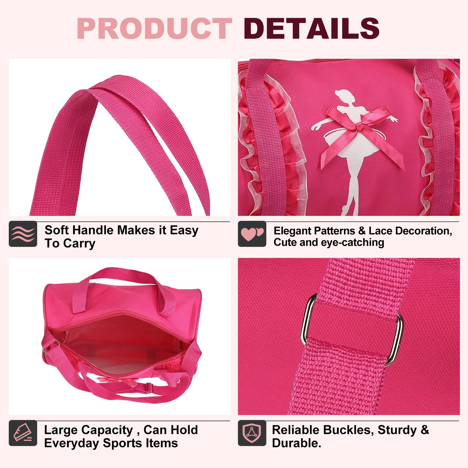 PRODUCT DETAILS

- Soft Handle Makes it Easy To Carry
- Elegant Patterns & Lace Decoration, Cute and eye-catching
- Large Capacity, Can Hold Everyday Sports Items
- Reliable Buckles, Sturdy & Durable
