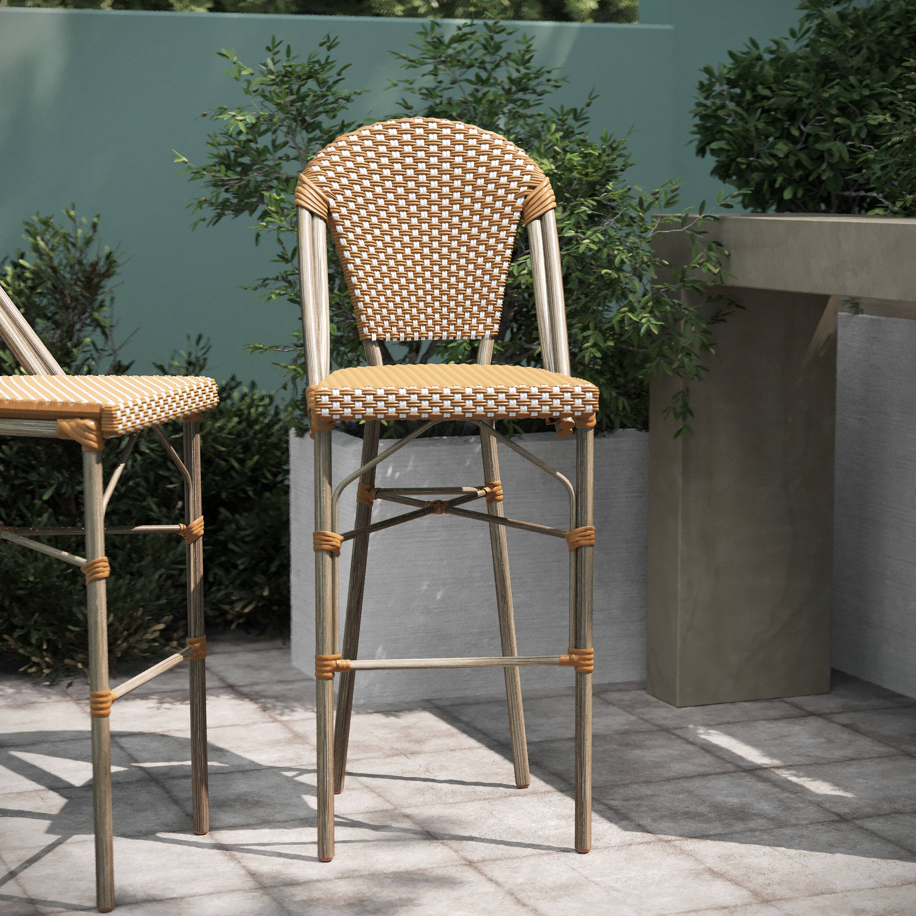 Alt View 5. Emma + Oliver - Colmar Set of Two Indoor/Outdoor 30" High Stacking Bistro Counter Stools with Patterned Seat and Back and Metal Frames - Natural & White/Light Natural Frame.
