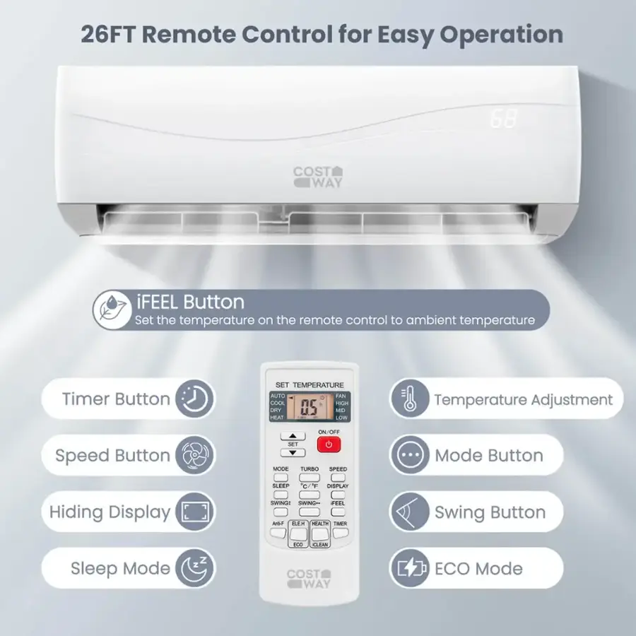 26FT Remote Control for Easy Operation

* iFEEL Button: Set the temperature on the remote control to ambient temperature
* Timer Button: Set the timer for the air conditioner
* Auto Fan Cool: Cool in Hi/Dry +5°C
* Heat: Set the temperature to heat in Low
* Temperature Adjustment: Adjust the temperature on the remote control
* Speed Button: Set the fan speed to Turbo Speed
* Swing Mode Button: Set the fan to swing mode
* Sleep Mode: Set the air conditioner to sleep mode
* Hiding Display: Hide the display on the remote control
* Swing-Feel Noise: Set the fan to swing-feel noise
* Health Improve: Set the air conditioner to improve health
* ECO Mode: Set the air conditioner to ECO mode