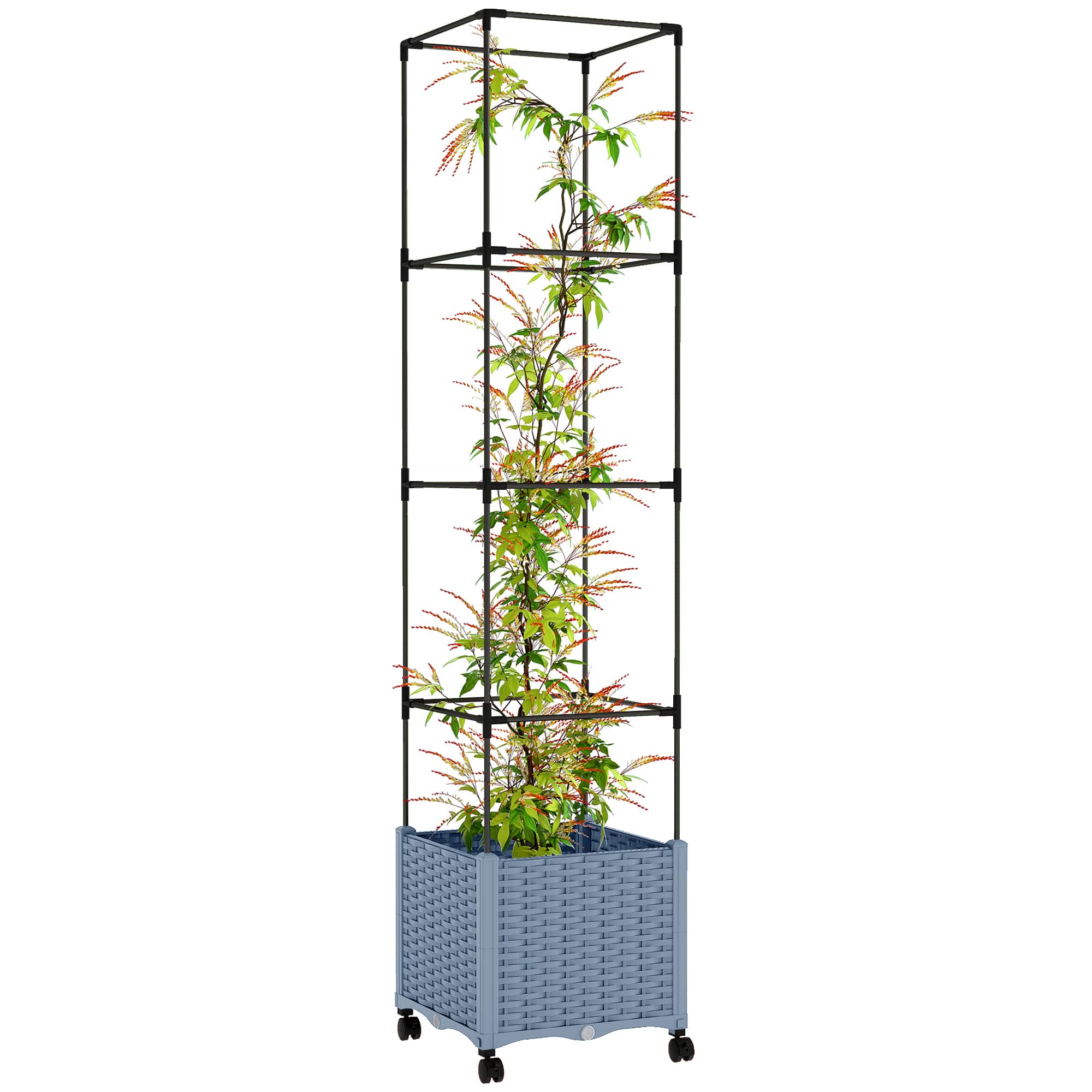 Outsunny - Raised Garden Bed with Trellis, 71.7" Tomato Cage with Lockable Wheels, Self Watering Outdoor Planter Box