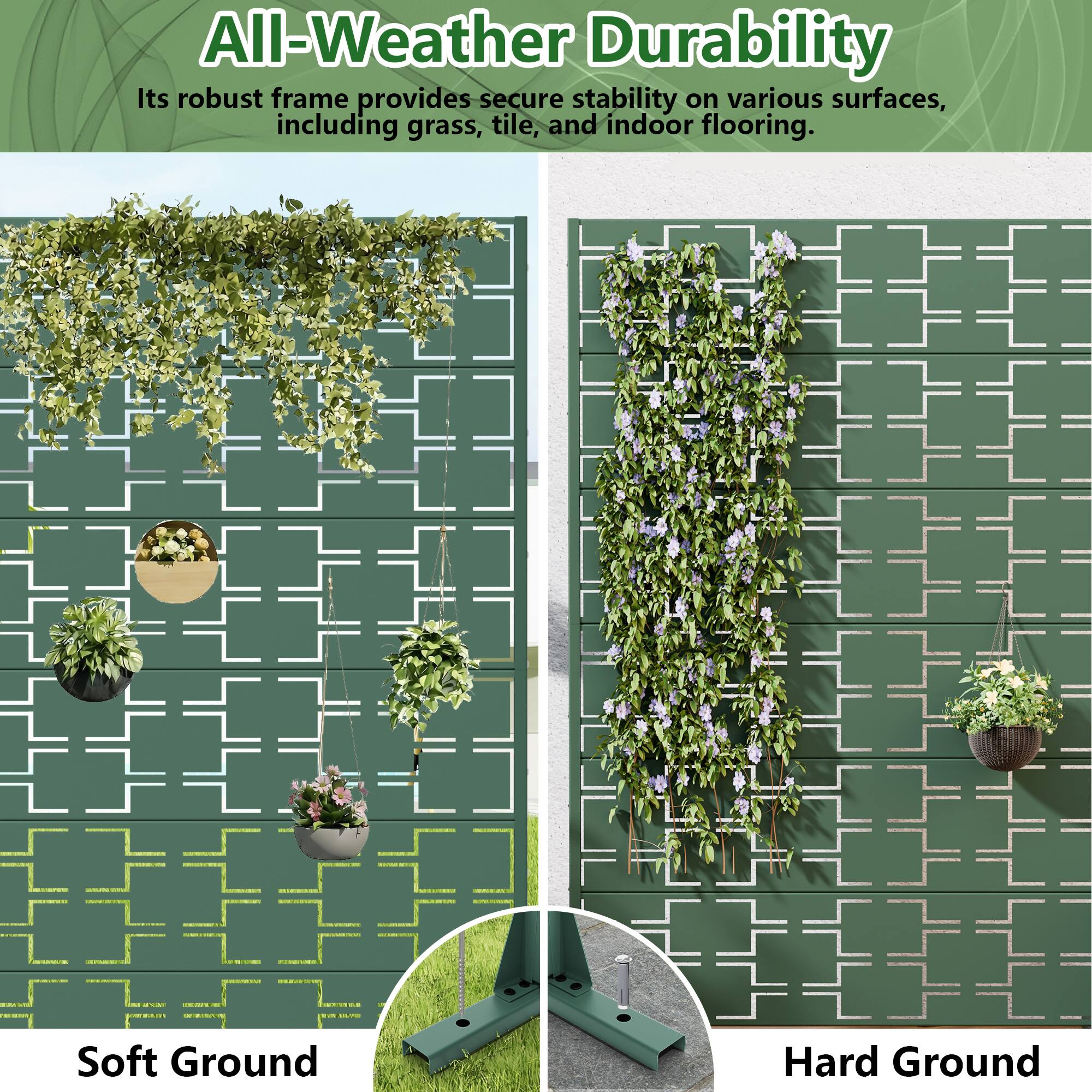 All-Weather Durability  
Its robust frame provides secure stability on various surfaces, including grass, tile, and indoor flooring.  

Soft Ground  
Hard Ground