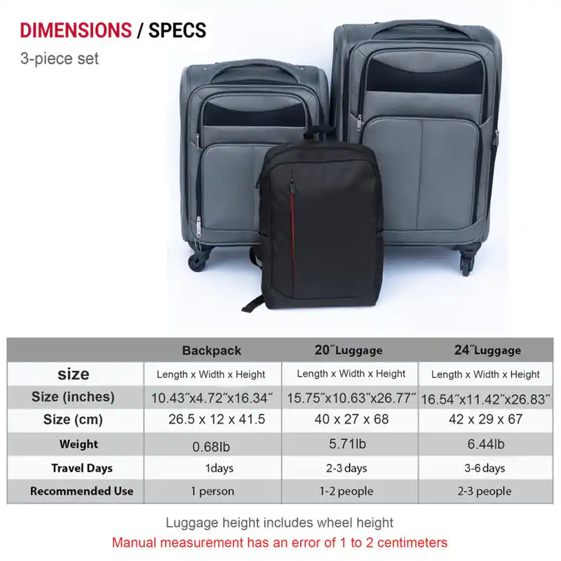 DIMENSIONS / SPECS

3-piece set

| Size        | Backpack                          | 20" Luggage                          | 24" Luggage                          |
|-------------|----------------------------------|------------------------------------|------------------------------------|
| Size (inches)| Length x Width x Height           | Length x Width x Height              | Length x Width x Height              |
|             | 10.43" x 4.72" x 16.34"            | 15.75" x 10.63" x 26.77"              | 16.54" x 11.42" x 26.83"              |
| Size (cm)    | 26.5 x 12 x 41.5                  | 40 x 27 x 68                        | 42 x 29 x 67                        |
| Weight      | 0.68 lb                          | 5.71 lb                            | 6.44 lb                            |
| Travel Days | 1 day                            | 2-3 days                           | 3-6 days                           |
| Recommended Use | 1