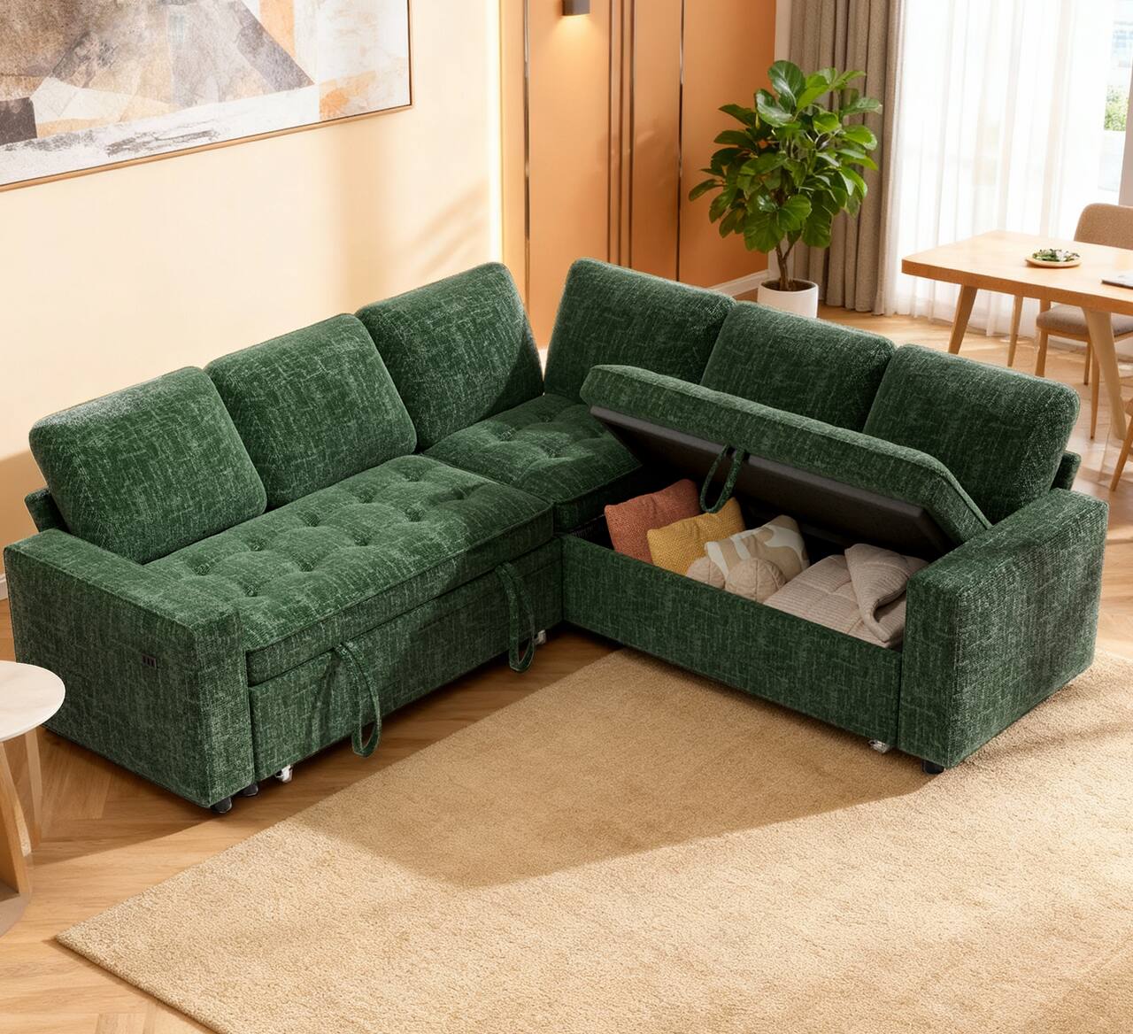 Alt View 2. Dyonery - 80" Sectional Sleeper Sofa with Pull Out Couch,Modern 5 Seat L Shaped Modular Couch,Sectionals Modular Sofa with Storage - Green.