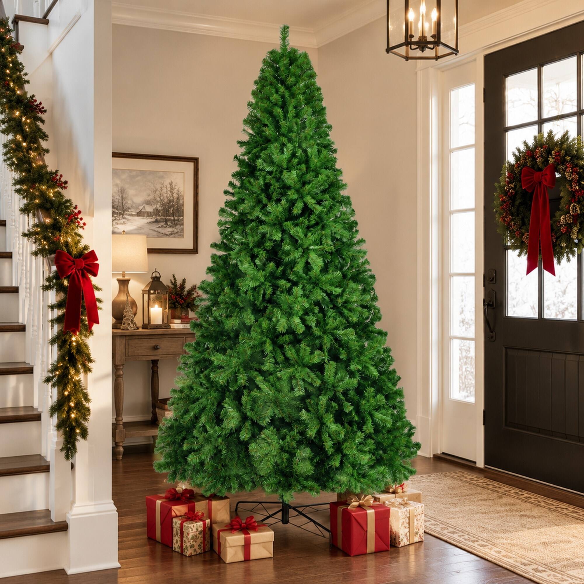 Alt View 1. RYHNUYNE - 9FT Unlit Artificial Christmas Tree With Dense Realistic Spruce Branches and Metal Base, Green - Green.