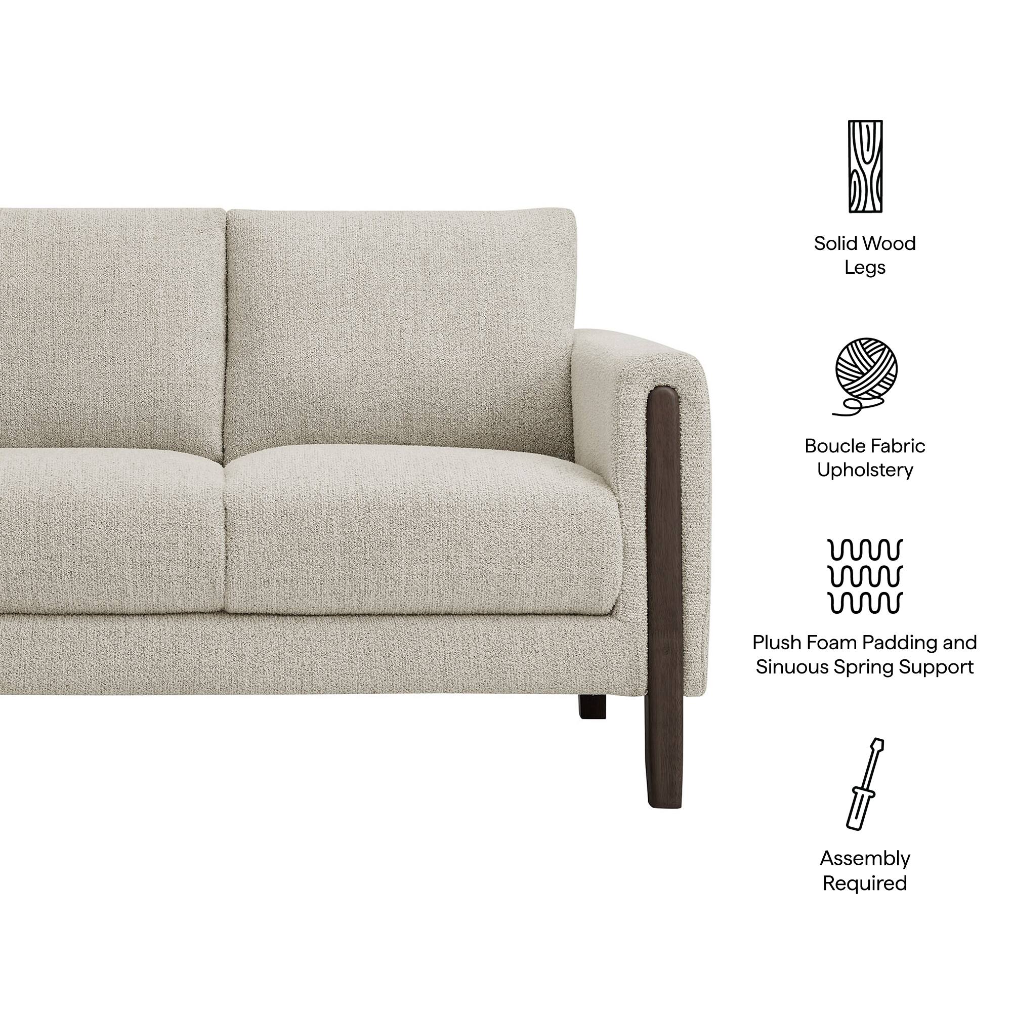 Solid Wood Legs  
Boucle Fabric Upholstery  
Plush Foam Padding and Sinuous Spring Support  
Assembly Required