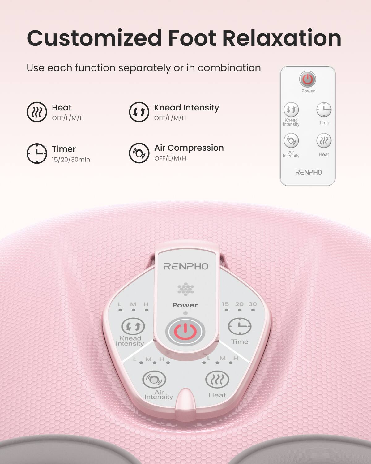 Customized Foot Relaxation  
Use each function separately or in combination  

- Heat: OFF/L/M/H  
- Knead Intensity: OFF/L/M/H  
- Timer: 15/20/30min  
- Air Compression: OFF/L/M/H  
- Air Intensity: Heat  

RENPHO  
Power: 15 20 30  
Knead Intensity: L M H  
Time: L M H  
Air Intensity: Heat