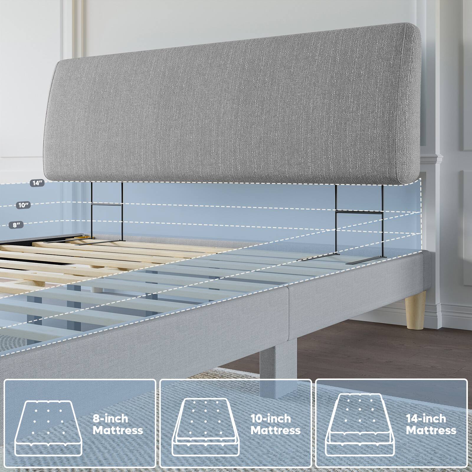 The text on the image reads:
14" Mattress
10" Mattress
8" Mattress
8-inch Mattress
10-inch Mattress
14-inch Mattress