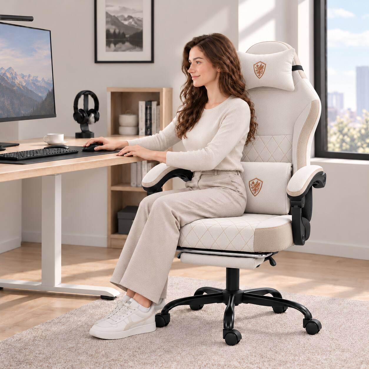 Alt View 4. Dowinx - Upgraded ergonomic gaming chair, widened & heightened, lumbar support, reclines, footrest—must-have for work & leisure. - Beige.