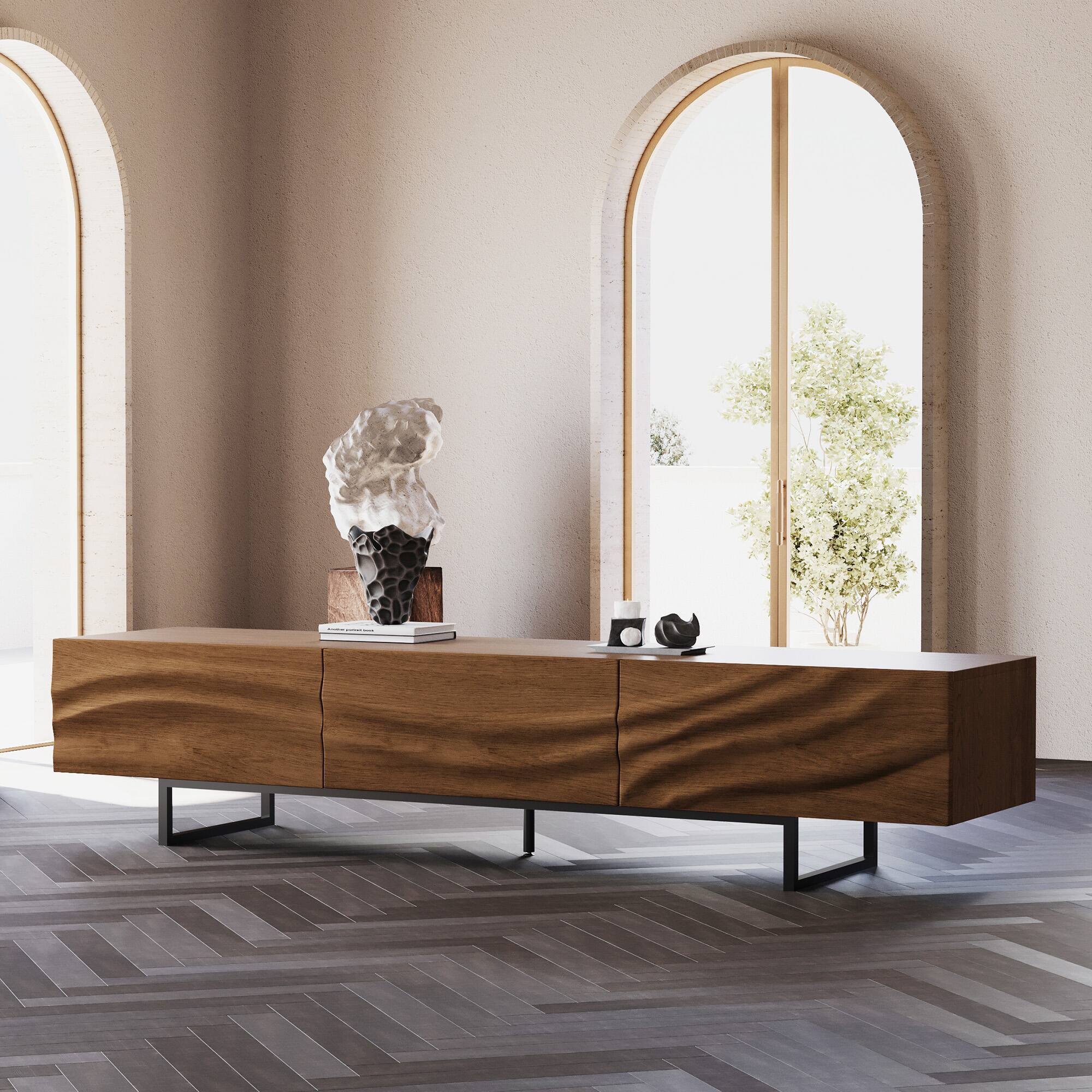 Left. luck idea - Mid-Century Modern TV Stand - 82.83” Wide with Metal Legs, 3 Drawers & Vent Holes - Walnut Color.