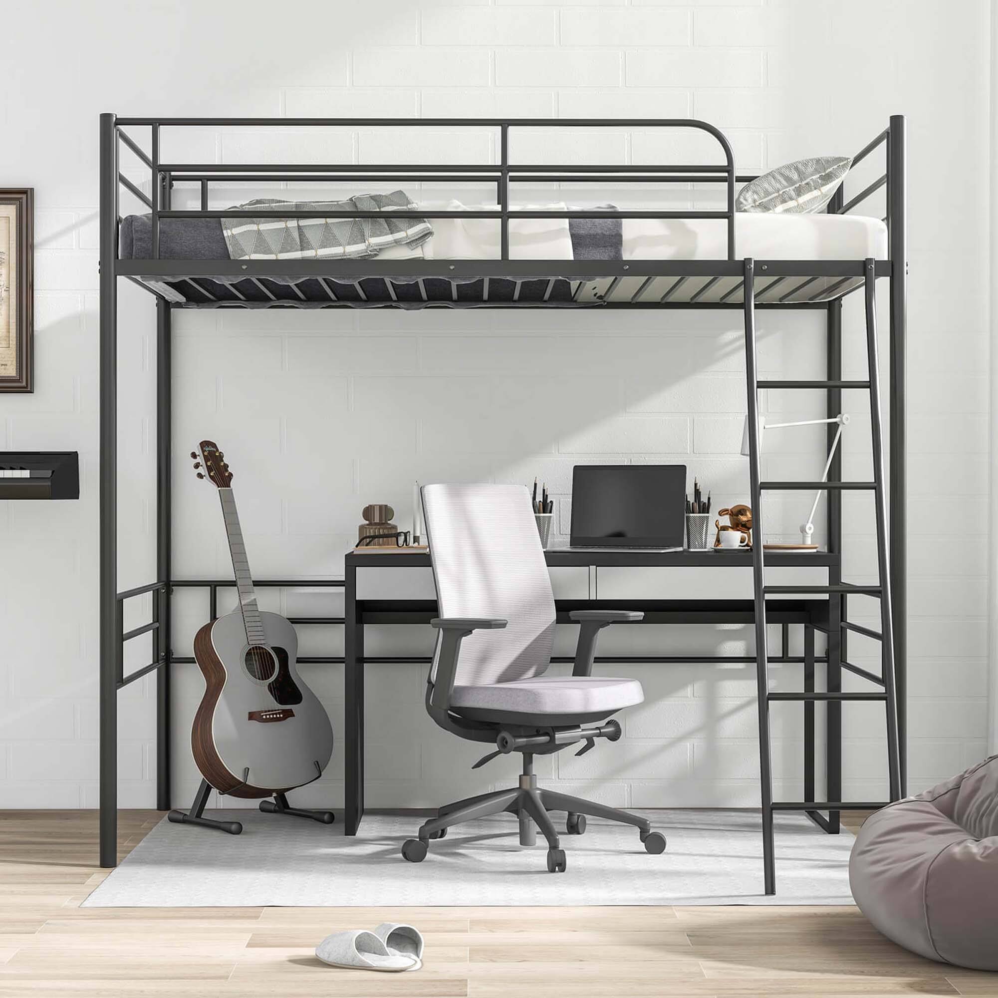 Alt View 3. Costway - Costway Twin Metal Loft Bed Frame with Ladder Loft Bed with Safety Guardrails - Black.