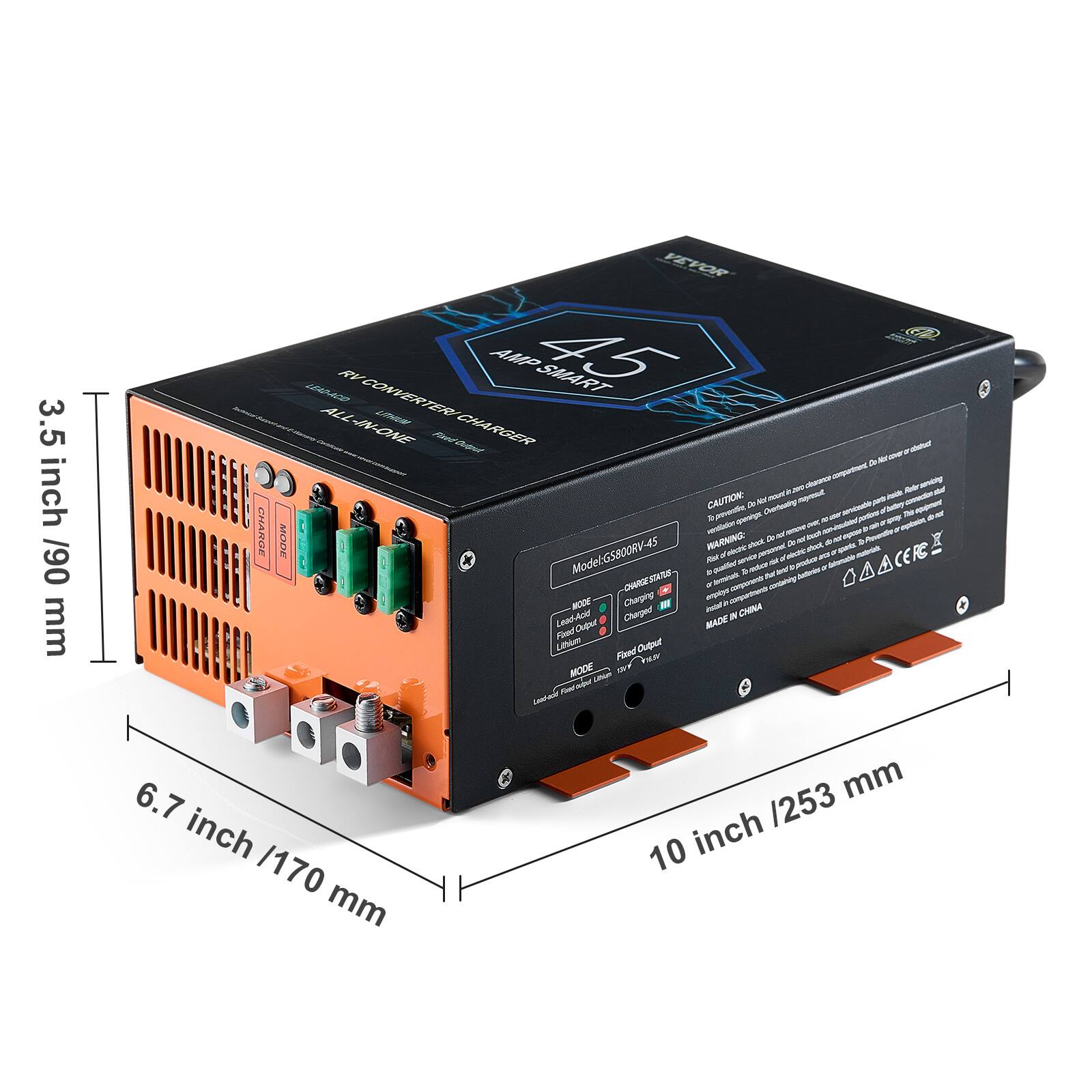 3.5 inch / 90 mm

VEVOR LEAD-ACID RV CONVERTER / AMP 45 SMART ALL-IN-ONE LITHIUM CHARGER

CAUTION: Hymostle Cherteating AND sparagas ventizion de - food

2 ModelGS800RV-45

WARNING electre sboot STATE oraparks matorials Rist of reduce del proder 0% -CHARGE STATUS - or taminals corporments containy MODE Charging employs Charged instal e

CHINA Lead-Acid MADE IN Fieed Output Lithium Fixed Output Face MODE Union

13/9 Food sugar Lestowir

6.7 inch / 170 mm

10 inch / 253 mm