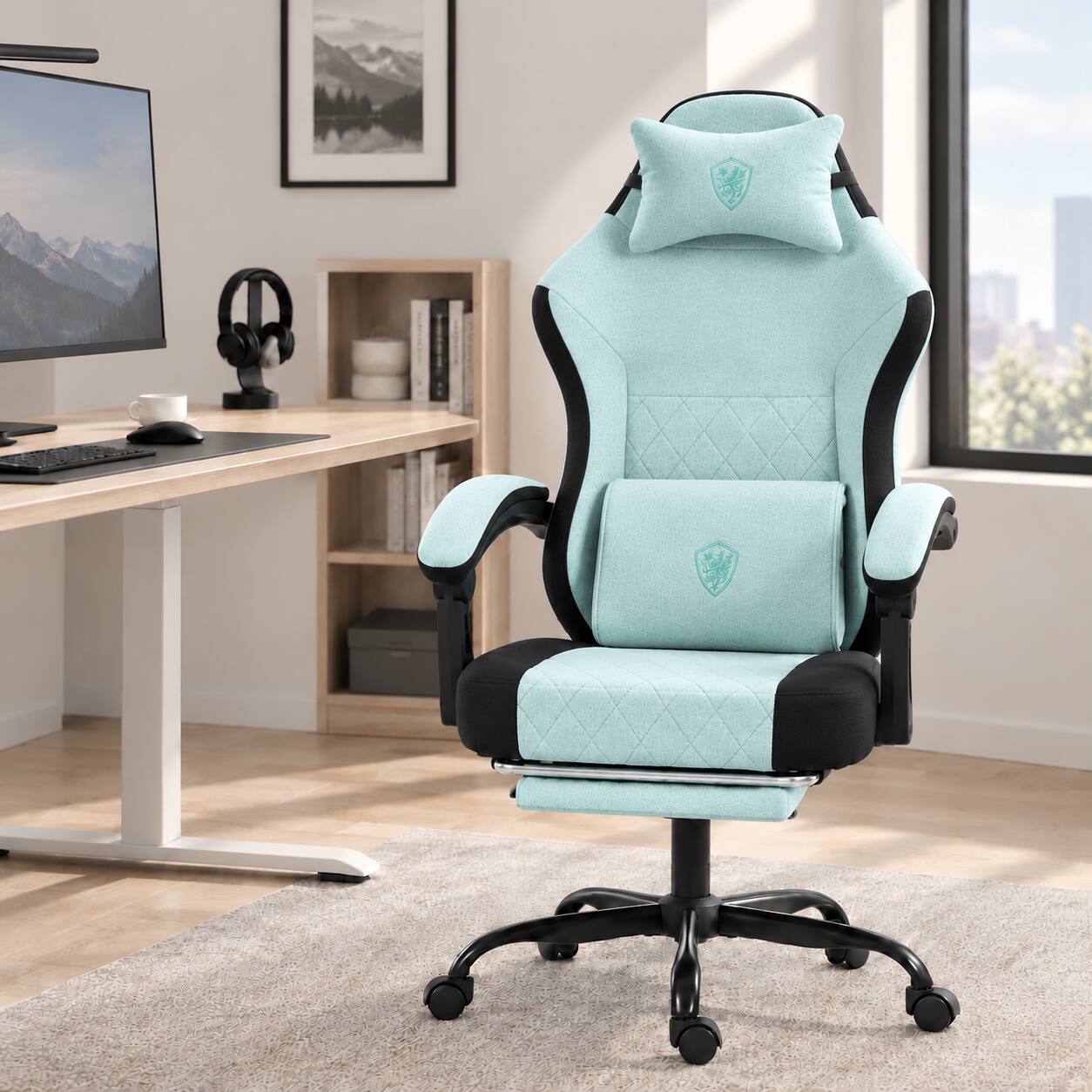 Front. Dowinx - Upgraded ergonomic gaming chair, widened & heightened, lumbar support, reclines, footrest—must-have for work & leisure. - Mint Green.