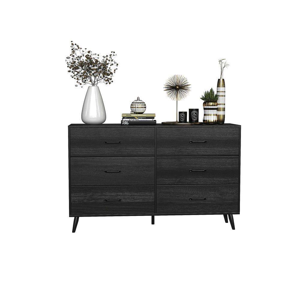 Angle. Kadyn - 6-Drawer Tall Dresser with Fabric Drawers & High Legs, Particle Board - Black - Black.