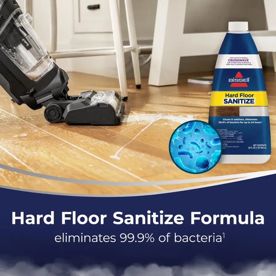 The text on the image reads:

"Hard Floor Sanitize Formula eliminates 99.9% of bacteria for 24 hours. Crosswave Hard Floor Cleaner is a sanitizing cleaner that sanitizes and eliminates 99.9% of bacteria. It is a powerful cleaner that is safe for all hard floors. The formula is easy to use and provides a deep cleaning for your floors. It is a great choice for maintaining a clean and healthy home."
