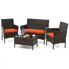 Front. Costway - Costway 4 PCS Patio Furniture Set with Washable Cushions and Tempered Glass Coffee Table - Orange.
