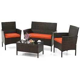 Costway - 4 PCS Patio Furniture Set with Washable Cushions and Tempered Glass Coffee Table - Orange