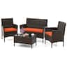 Costway - 4 PCS Patio Furniture Set with Washable Cushions and Tempered Glass Coffee Table - Orange