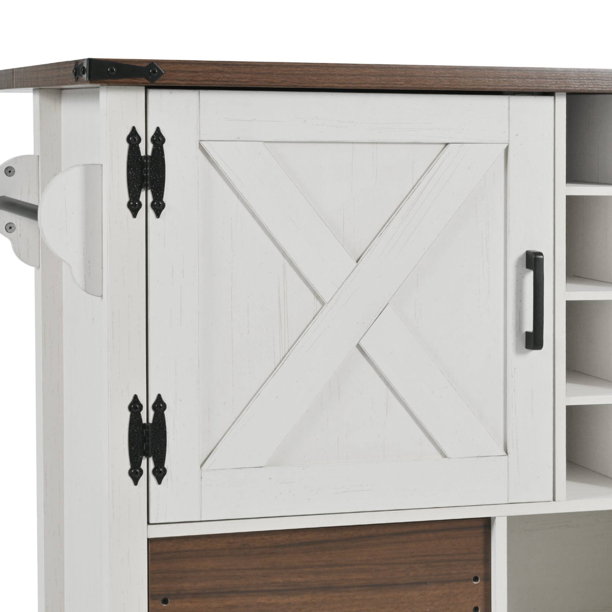 Left. ELEMENT ACE - Farmhouse Kitchen Island with Drop Leaf, Power Outlet, Storage Cart and Wheels - White.