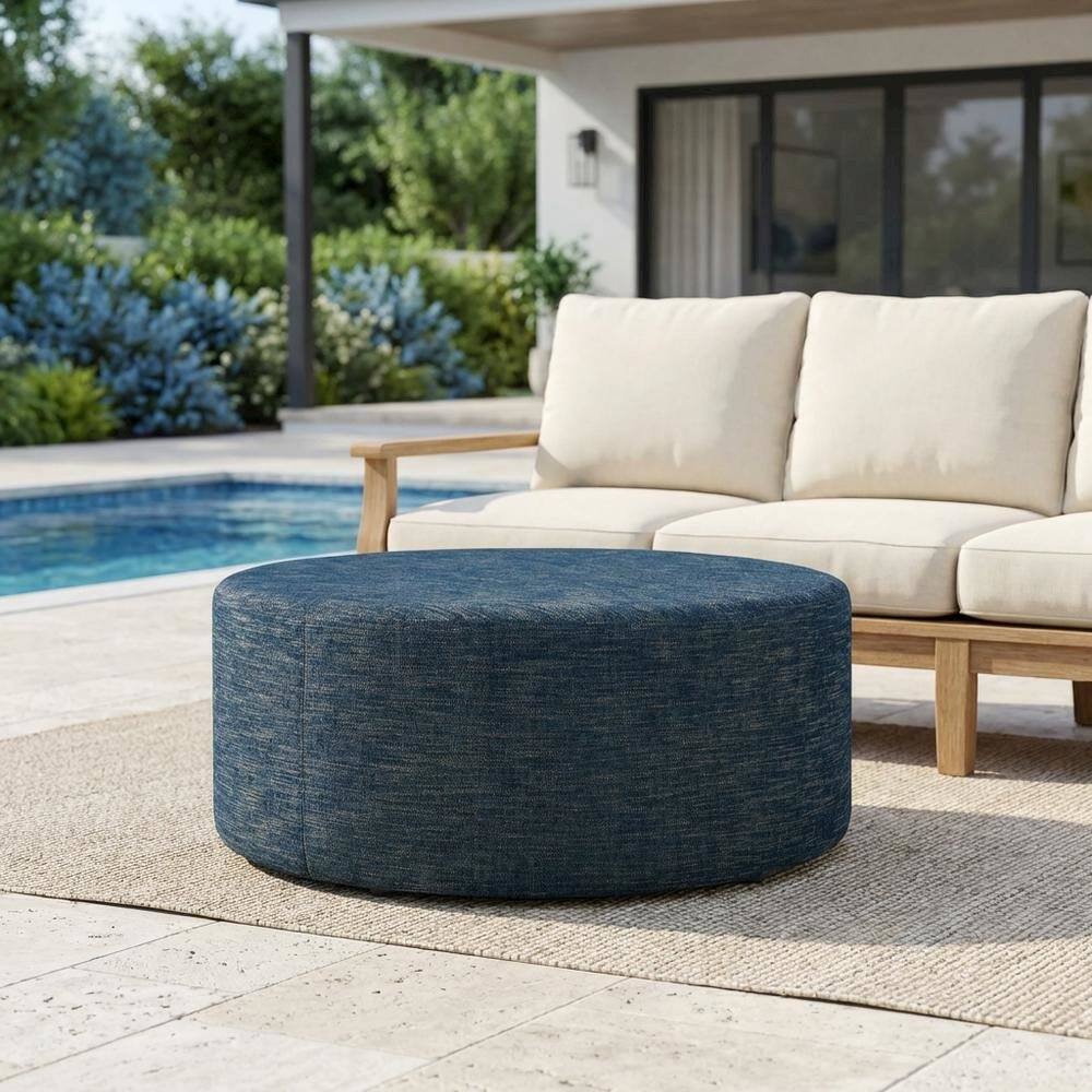 Left. Outdoor Escape - Outdoor Woven Fabric Ottoman in Heathered Finish with Comfortable Upholstery - Blue.