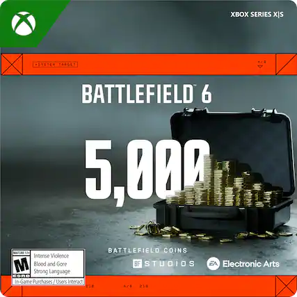 XBOX SERIES X/S
SYSTEM TARGET
BATTLEFIELD 6
5,000 BATTLEFIELD COINS
MATURE 17+ Intense Violence Blood and Gore Strong Language
In-Game Purchases / Users Interact
BF STUDIOS EA Electronic Arts
A/B 218