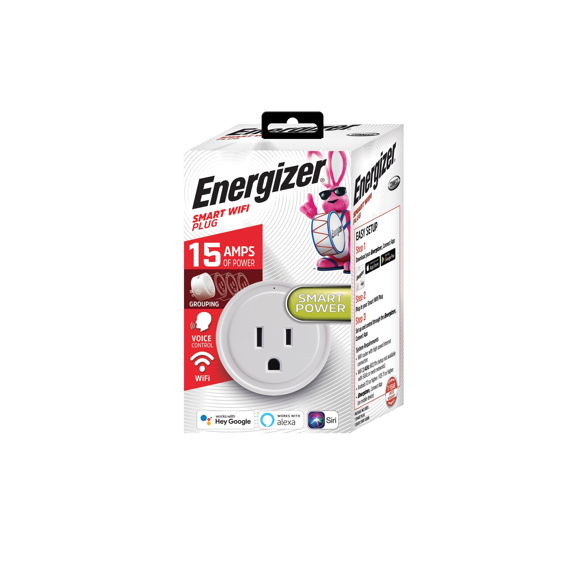Energizer Smart WiFi Plug 15 Amps of Power

Easy Setup
- Step 1: Download the Energizer Smart Power app
- Step 2: Plug in the Smart Plug
- Step 3: Connect to Wi-Fi

Features:
- Grouping
- Voice Control
- Works with Hey Google, Alexa, Siri