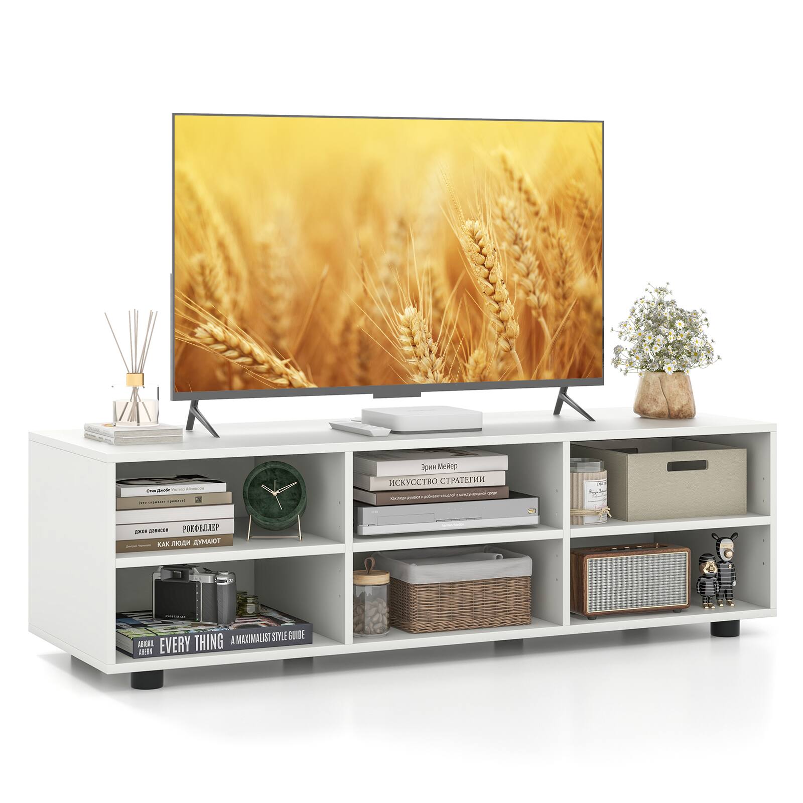 Costway - TV Stand TV Console Cabinet 6-Cubby Media Console Entertainment Center with Adjustable Shelves - White