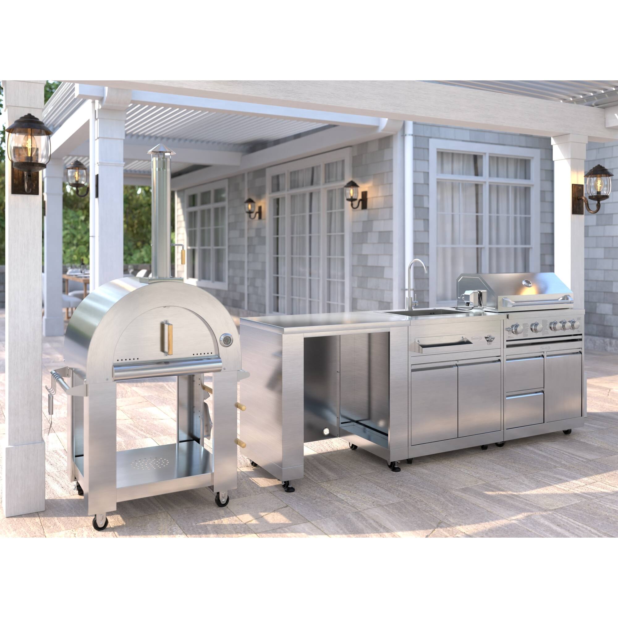 Left. Koolmore - Wood fire Pizza Oven, Refrigerator Cabinet, Double Refrigerator Drawers, Sink and a 30 in. BBQ Grill and Cabinet - Stainless Steel.