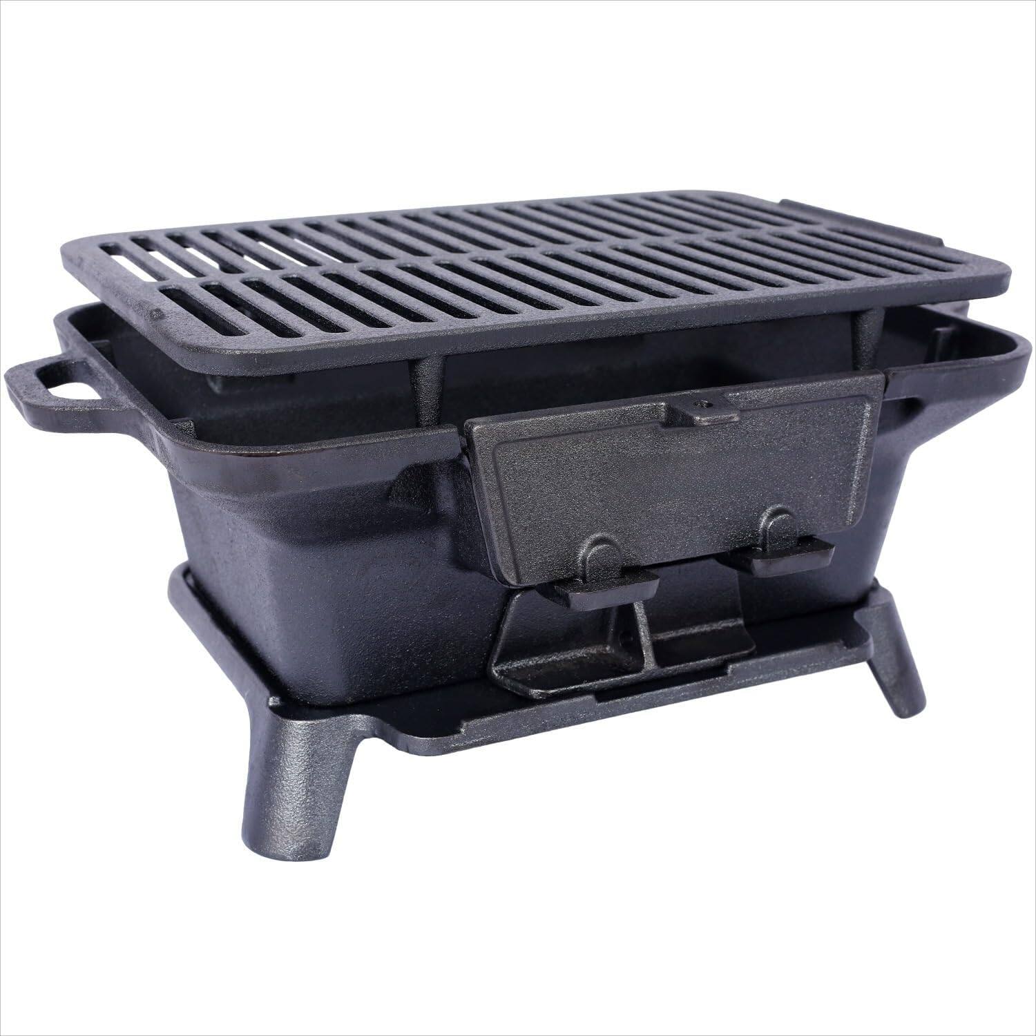 Alt View 2. MOOSOO - Cast Iron Charcoal Grill with Double-Sided Grate, Portable Outdoor BBQ Grill, Compact Tabletop Grill Stove - Black.