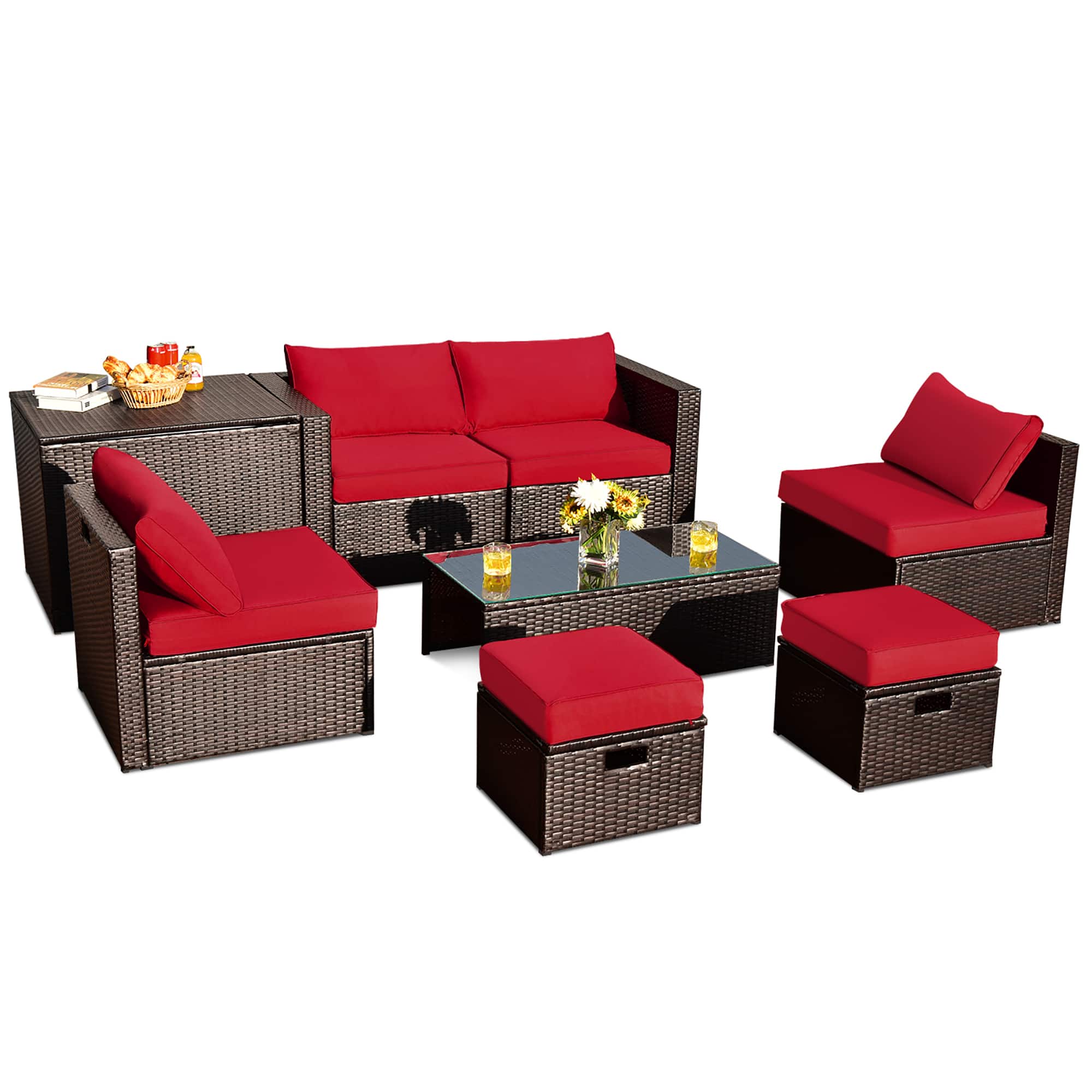 Front. Costway - Costway 8PCS Patio Rattan Furniture Set  Space-Saving Storage Cushion cover - Red.