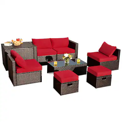 Front. Costway - Costway 8PCS Patio Rattan Furniture Set Space-Saving Storage Cushion cover - Red.