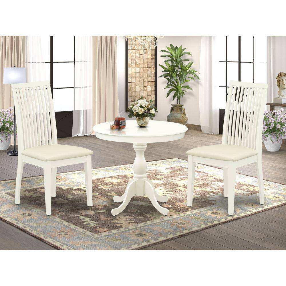 Alt View 2. East West Furniture - AMIP3-LWH-C 3 Piece Dining Table Set - 1 Dinner Table and 2 Linen White Kitchen Chairs - Linen White Finish - Linen White.
