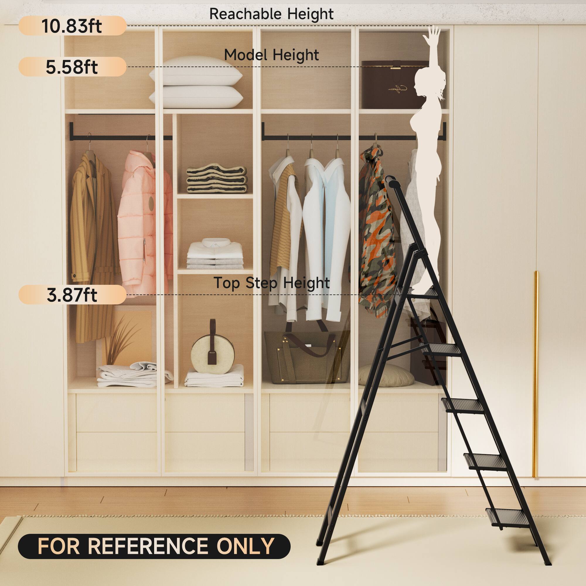 Reachable Height: 10.83ft  
Model Height: 5.58ft  
Top Step Height: 3.87ft  

FOR REFERENCE ONLY