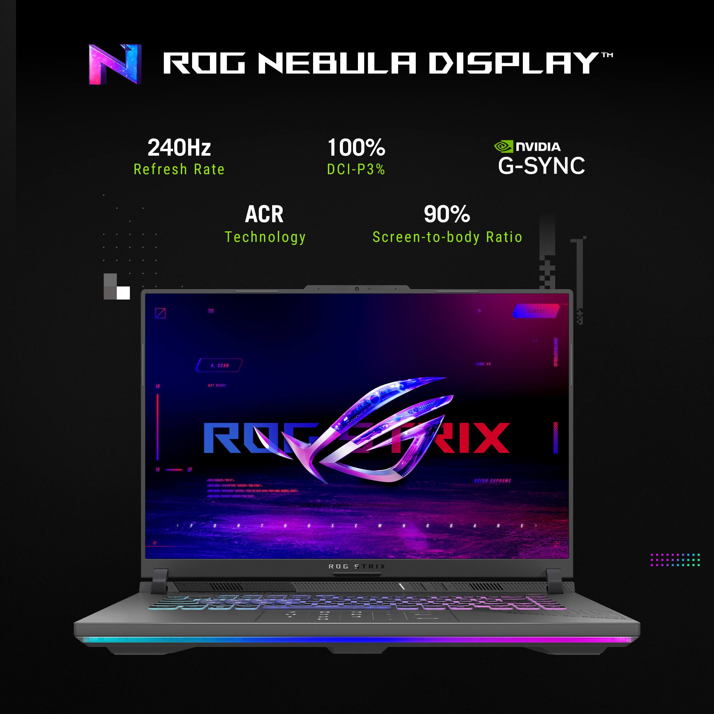 MI N ROG NEBULA DISPLAY 240Hz Refresh Rate 100% DCI-P3% NVIDIA G-SYNC ACR Technology 90% Screen-to-body Ratio . - A RAREAS | 00 + - | ROG TRIX I - : | - | I | ad... dO - | | I I : I I | I ROC .N..