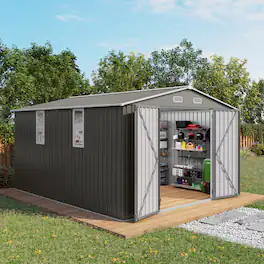 Mondawe - 10x12FT Outdoor Large Metal Storage Shed with Double Door and Two Windows - Gray