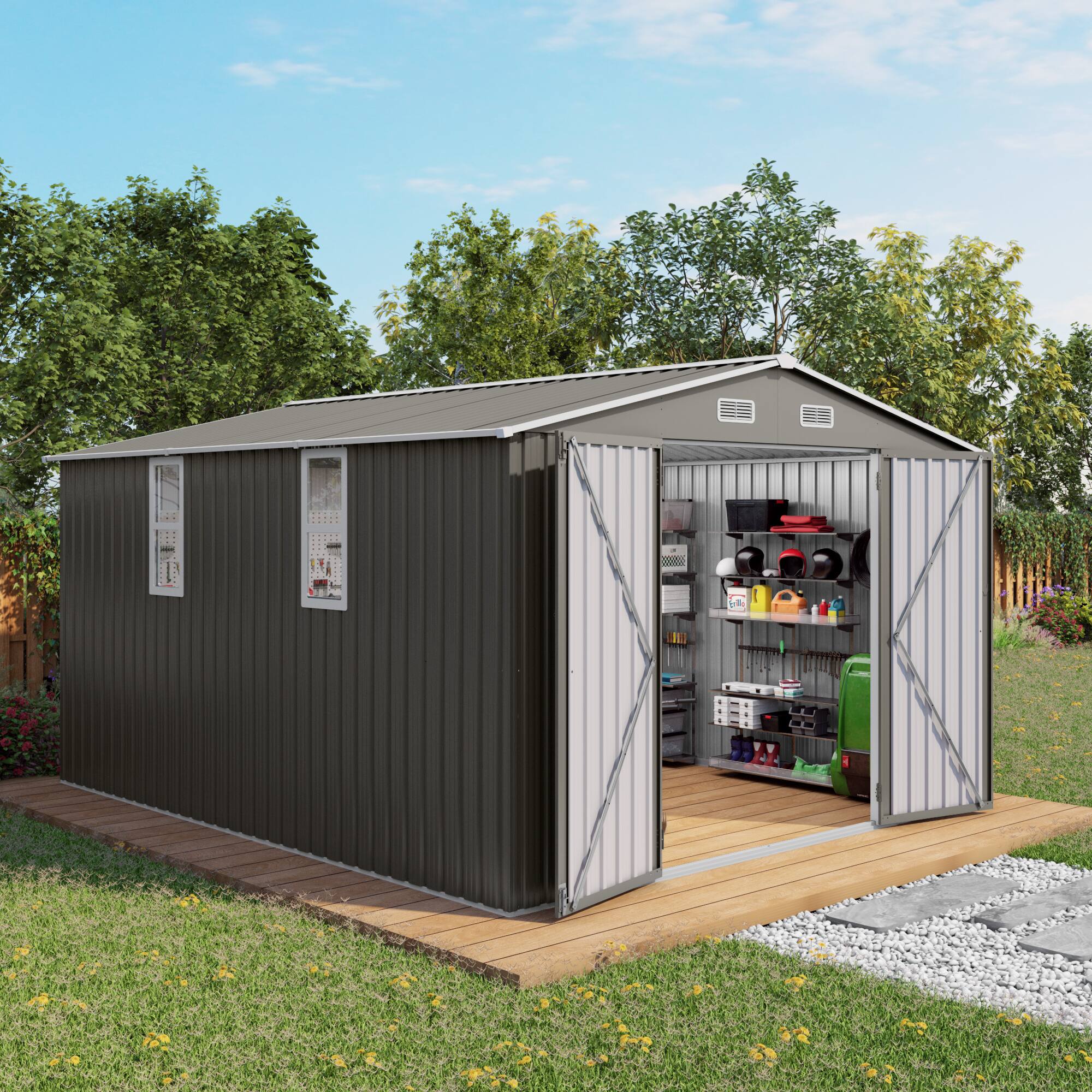 Angle. APRILSOUL - 10ft Wide Galvanized Steel Shed Lockable Double Door Storage Workshop - Gray.