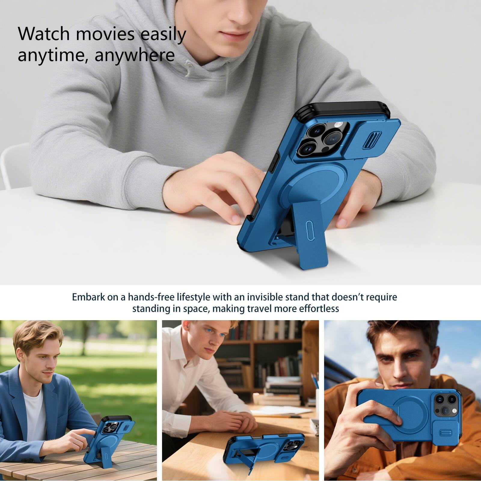 Watch movies easily anytime, anywhere

Embark on a hands-free lifestyle with an invisible stand that doesn't require standing in space, making travel more effortless