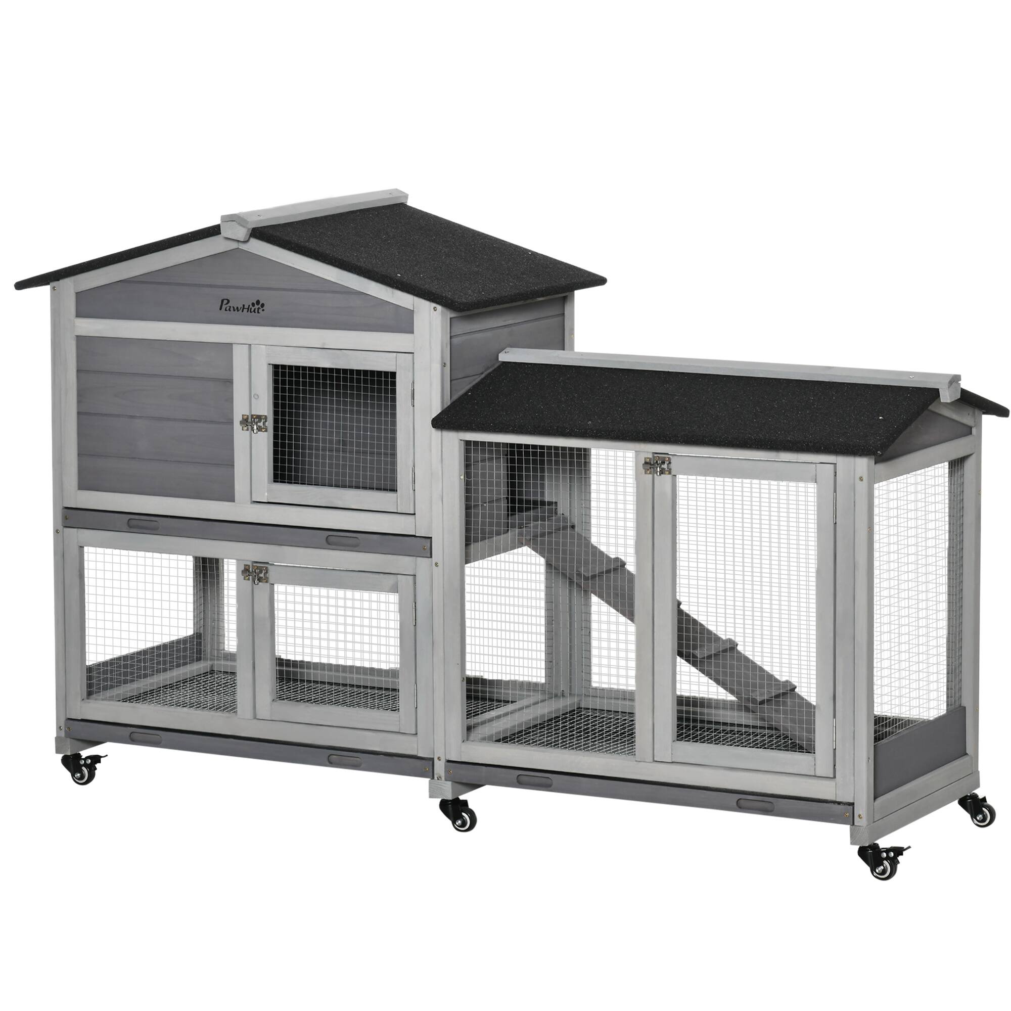 Pawhut- 62" Wooden Mobile Rabbit Hutch with Wheels, Run Box