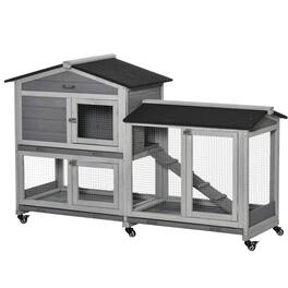 Pawhut - 62" Rabbit Hutch, Animal Enclosure with Wheels, Run Area, Removable Tray, Asphalt Roof, Lockable Doors, Ramp