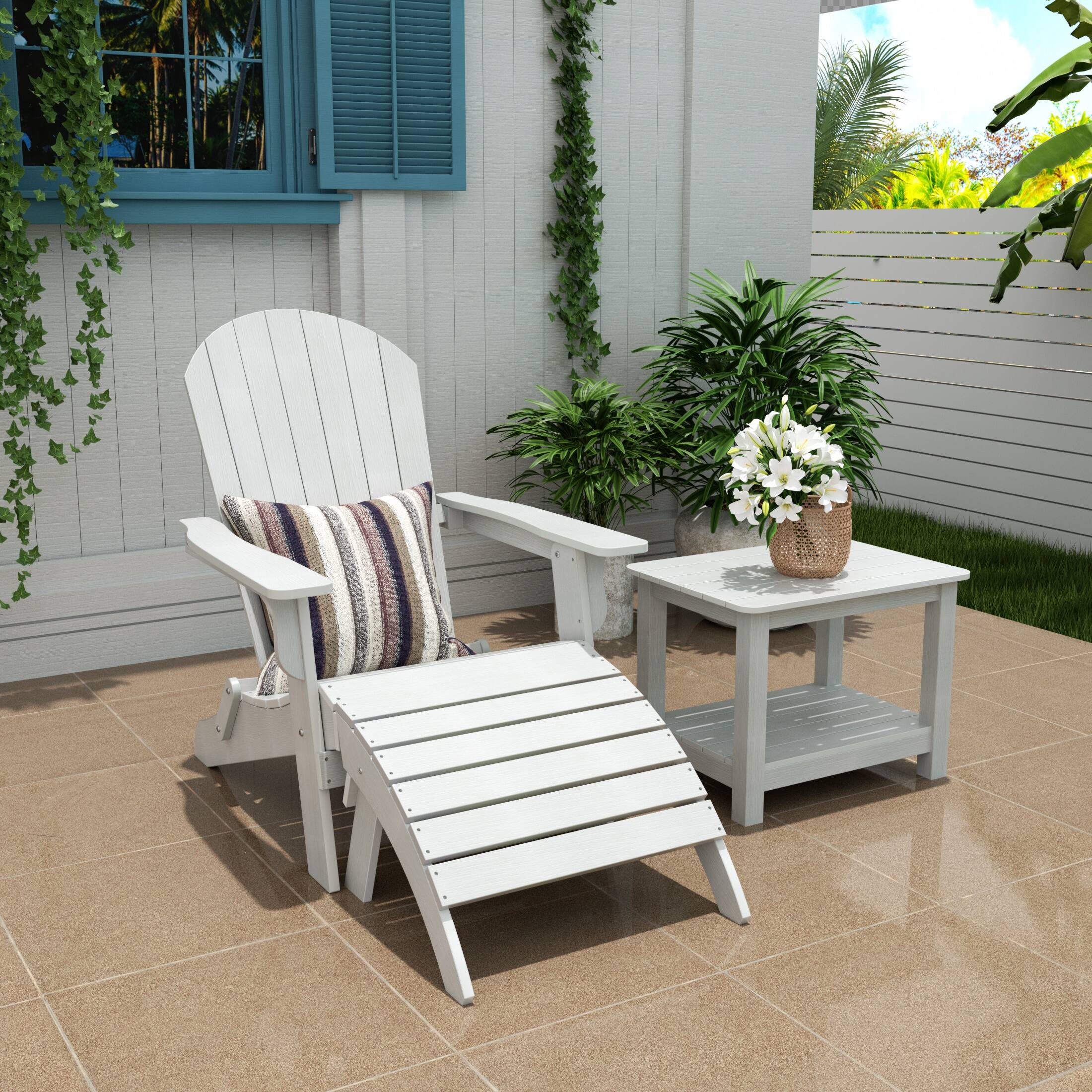 Angle. WestinTrends - WestinTrends Tuscany 3-Piece HIPS Outdoor Folding Adirondack Seashell Chair With Folding Ottoman And Side Table - White.