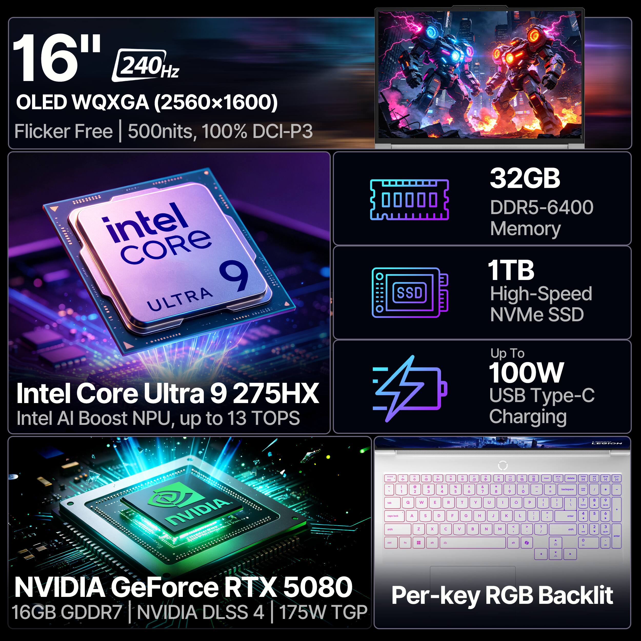 16" 240Hz OLED WQXGA (2560x1600) Flicker Free 500nits, 100% DCI-P3

Intel Core Ultra 9 275HX
Intel AI Boost NPU, up to 13 TOPS

32GB DDR5-6400 Memory
1TB High-Speed NVMe SSD

Up To 100W USB Type-C Charging

NVIDIA GeForce RTX 5080
16GB GDDR7 | NVIDIA DLSS 4 | 175W TGP

Per-key RGB Backlit