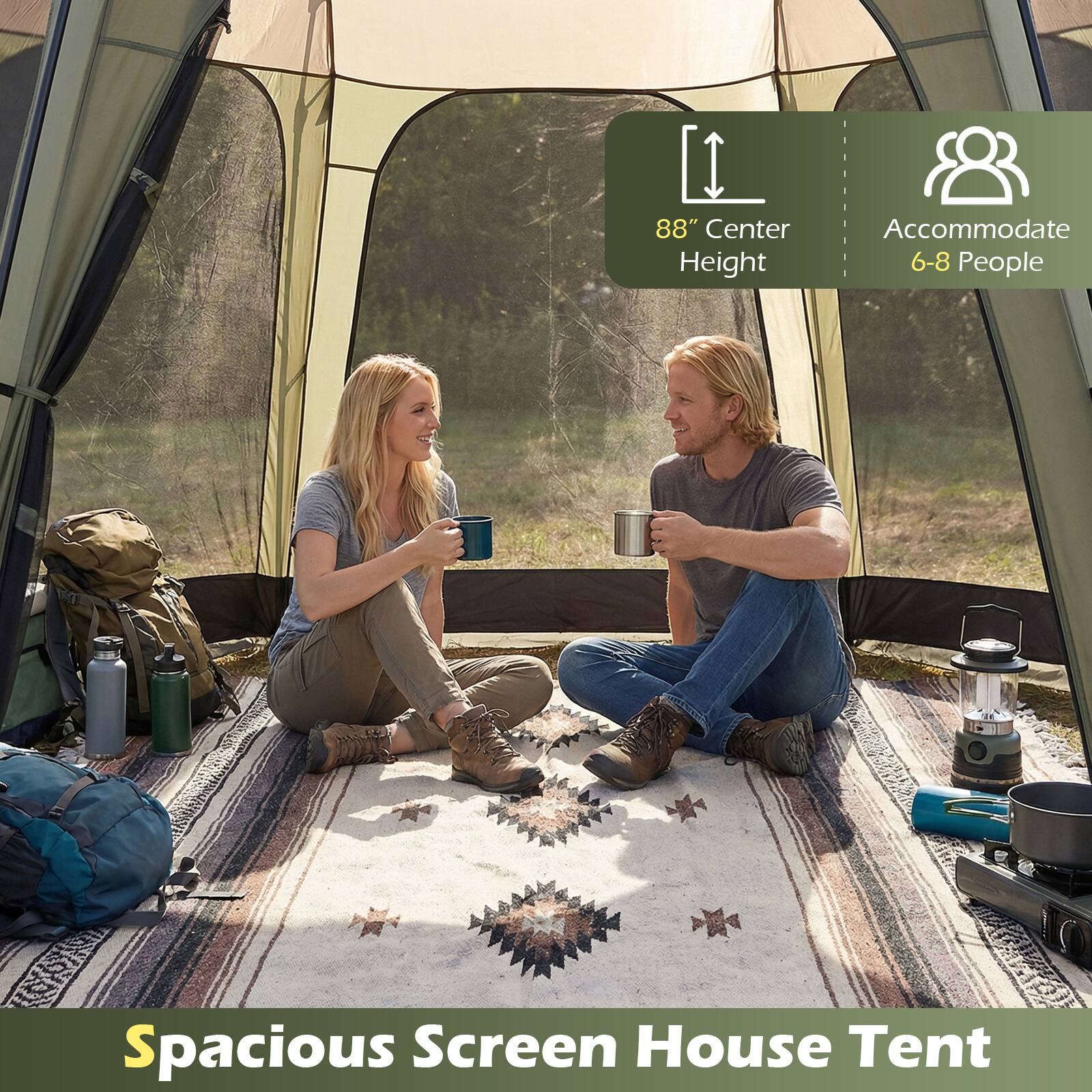 88" Center Height  
Accommodate 6-8 People  
Spacious Screen House Tent
