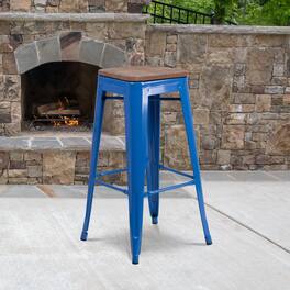 Emma + Oliver - 30"H Backless Metal Barstool with Wood Seat - Blue
