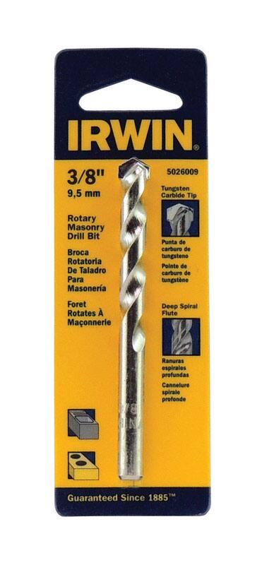 IRWIN  
5026009  
3/8" (9.5 mm) Tungsten Carbide Tip Rotary Masonry Drill Bit  
Broca Rotatoria De Taladro Para Masonería  
Pointe de carbure de tungstène  
Foret Rotatives Pour Maçonnerie  
Deep Spiral Flute  
Ranuras espirales profundas  
Cannelure spirale profonde  
Guaranteed Since 1885™