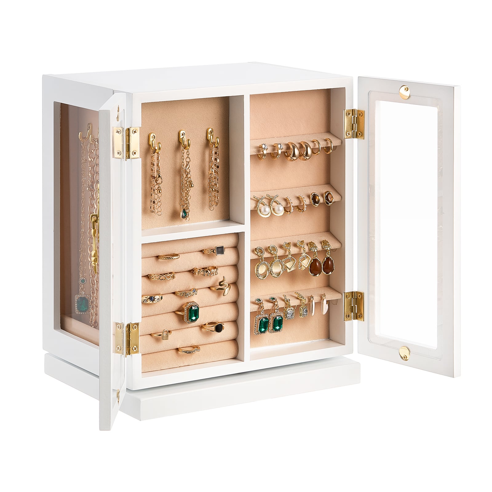 VEVOR - Jewelry Box, 360° Rotating Jewelry Organizer with 5 Drawers, Acrylic Window, 4 Necklace Hooks on Each Side - White