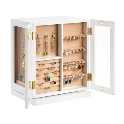 Front. VEVOR - Jewelry Box, 360° Rotating Jewelry Organizer with 5 Drawers, Acrylic Window, 4 Necklace Hooks on Each Side - White.
