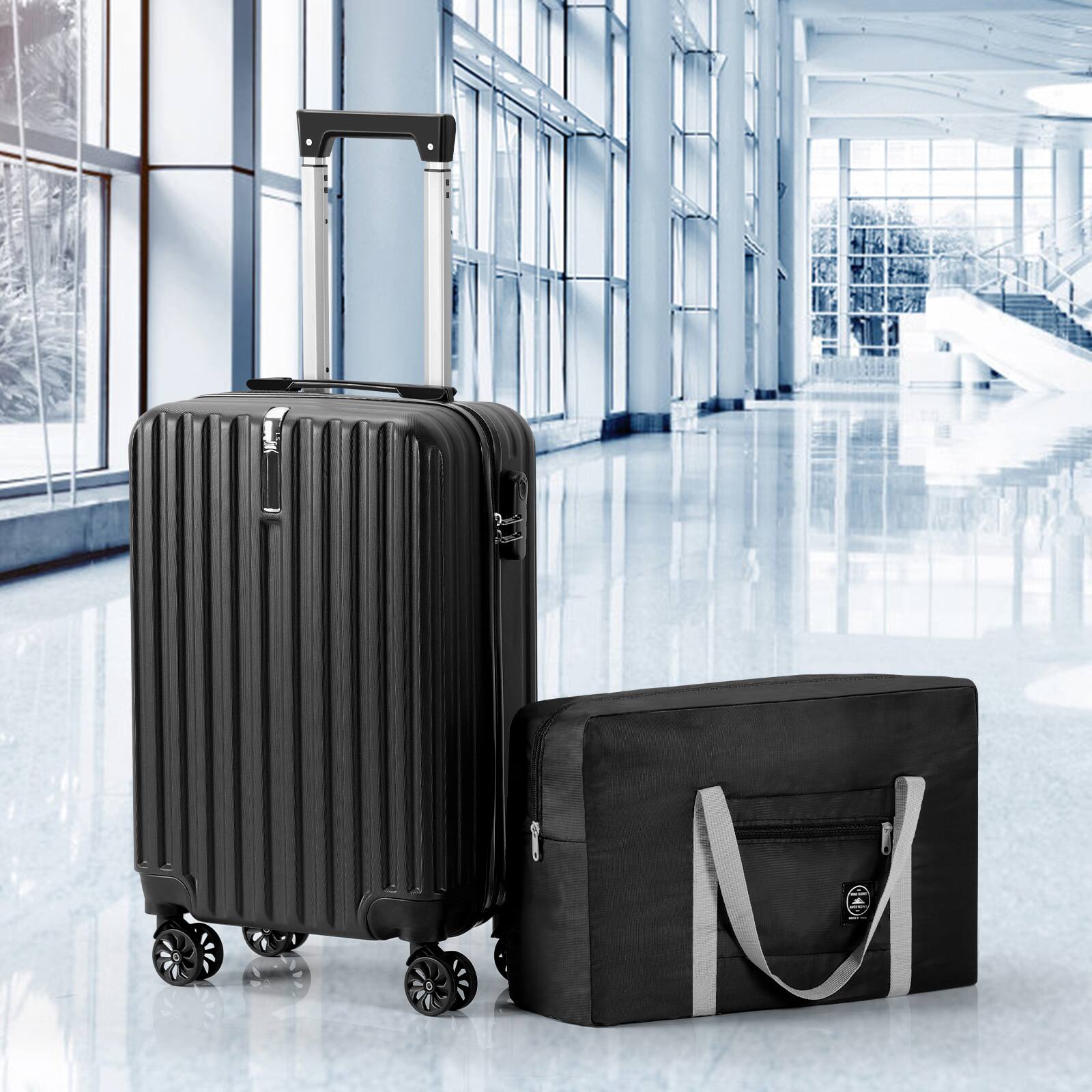 Alt View 4. Oumilen - 2 Piece Luggage Set – 20in Hard Shell Carry On with Hook & Foldable Bag, Black, Combo Lock, Spinner Wheels - Black.